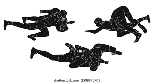 Group of wrestlers, Greco Roman wrestling, silhouette set