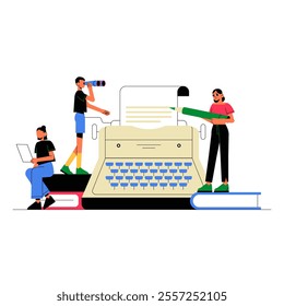 Group Writing Around Typewriter In Flat Vector Illustration Symbolizing Collaboration, Creativity, And Storytelling, Isolated On White Background.