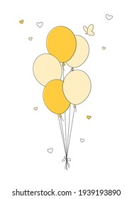 Group of yellow balloons with little butterfly in cartoon style isolated on a white background.