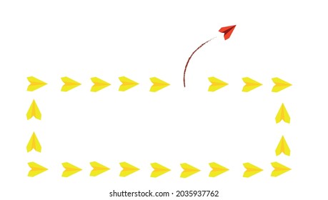 Grupo de aviones amarillos volando en forma cuadrada. Avión rojo volando en diferente dirección sobre fondo blanco.
creatividad, concepto innovador y diferente.
Vector eps 10.