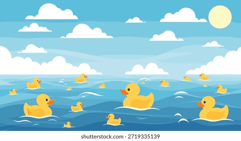Grupo de patos de goma amarillos que flotan en las olas azules estilizadas del océano bajo un sol brillante y nubes blancas en el cielo.