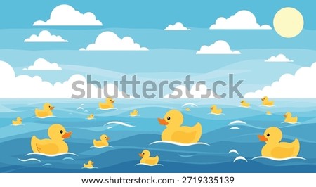 Group of yellow rubber ducks floating on stylized blue ocean waves under a bright sun and white clouds in the sky.