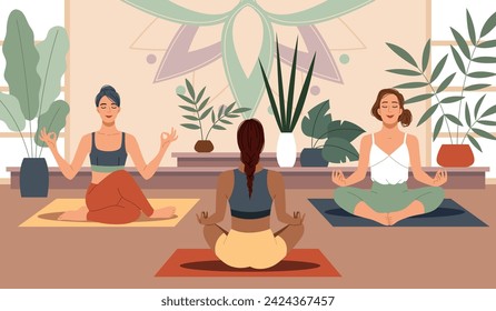 Group yoga class. Beautiful women meditate in lotus position, front and back view, inner harmony search and relaxation, healthy lifestyle, cartoon flat style isolated tidy vector concept