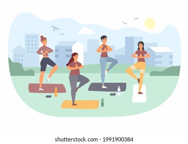 Group yoga class in park. Young girls stand in tree pose on rugs. Outdoor gymnastics. Meditation and physical warmup green summer playground. Strengthening body and mind. Vector flat illustration