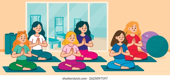 Group yoga. Yoga class training in gym. Women workout and meditation