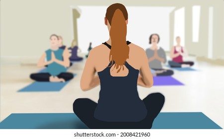 group yoga classes with female instructor with long hair look from behind.