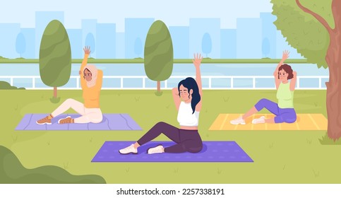 Group yoga classes in park flat color vector illustration. Women working out together on mats. Exercising together. Fully editable 2D simple cartoon characters with cityscape on background
