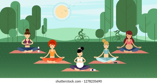 Group of yoga girls and young ladies meditating sitting on a pilates mat in the lotus position in a summer park on a grassy lawn