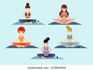 A group of yoga girls and young ladies meditates sitting on a pilates mat in a Sukhasana easy pose