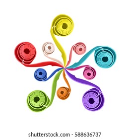 Group of yoga mats stacked in the circular ornament. Green, blue, pink, red, violet, orange, yellow colors. Vector illustration
