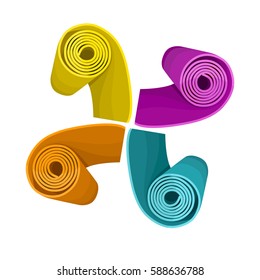 Group of yoga mats stacked in the shape of heart. Blue, pink, violet, orange, yellow colors. Vector illustration
