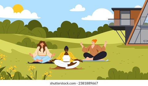 Group yoga in nature concept. Women at mat sitting at nature. Spring and summer season. Active lifestyle and sports, meditation. Sportswomen stretching. Cartoon flat vector illustration
