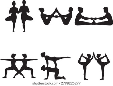 Group Yoga and Partner Exercise Silhouette Collection Fitness Wellness Vector Set