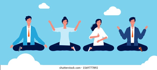 Group yoga. People relaxing and meditation in lotus pose avoid stress vector concept background