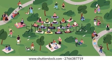 Group yoga training in park in summer. People meditate on green grass in nature. Crowd of men and women walk dogs, stroll, do fitness exercises, have a picnic outdoors. Flat vector illustration