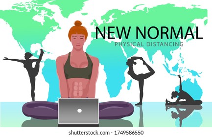 Group of yoga women action over words new normal and global map graphic symbol, creative concept of the new normal life style after the outbreak of the coronavirus