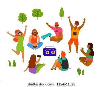 group of yong people, men and women celebrating, dancing, party, playing chilling in the park isolated vector illustration scene