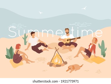 Group of young abstract people sitting on the beach, playing guitar and relax. Dog sleeping near campfire. Outdoor scene with sea, waves, birds silhouette. Summer vacation, weekend in the country. 