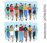 Group Of Young Adult People Engaging In Running And Walking Activities Front View. Cartoon Vector Image Showcases Diversity In Fitness And Style. Concepts Of Friendship, Wellness And Inclusivity