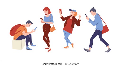 Group of young adults with smartphones. Students talking, texting, searching internet. Gadget addiction concept banner. Vector character illustration isolated on white. 