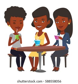 Group of young african friends drinking hot and alcoholic drinks. Three friends hanging out together in cafe. Friends relaxing in cafe. Vector flat design illustration isolated on white background.