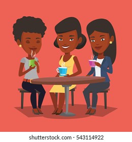 Group of young african-american friends drinking hot and alcoholic drinks. Three smiling friends hanging out together in cafe. Friends relaxing in cafe. Vector flat design illustration. Square layout.