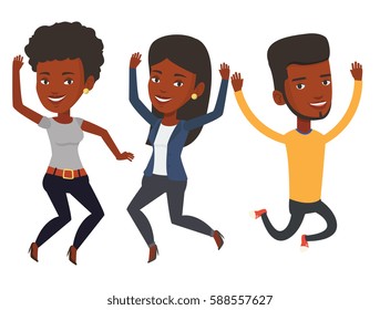 Group of young african-american friends jumping. Group of cheerful friends having fun and jumping. Friendship and lifestyle concept. Vector flat design illustration isolated on white background.