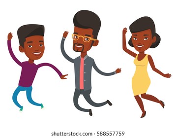 Group of young african-american friends jumping. Group of cheerful friends having fun and jumping. Friendship and lifestyle concept. Vector flat design illustration isolated on white background.