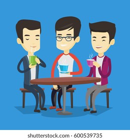 Group of young asian friends drinking hot and alcoholic drinks. Three smiling friends hanging out together in a cafe. Friends relaxing in a cafe. Vector flat design illustration. Square layout.