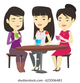 Grupo de jóvenes amigos asiáticos tomando bebidas calientes y alcohólicas. Tres amigos en una cafetería. Amigos relajándose en una cafetería. Ilustración de diseño plana vectorial aislada en fondo blanco.