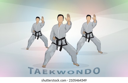 A group of young athletes trains in martial arts taekwondo. Abstract background.