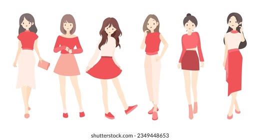 Group of young beautiful women in red themed clothes pose for a photo