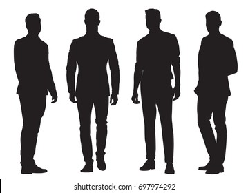 Group of young business men, isolated vector silhouettes