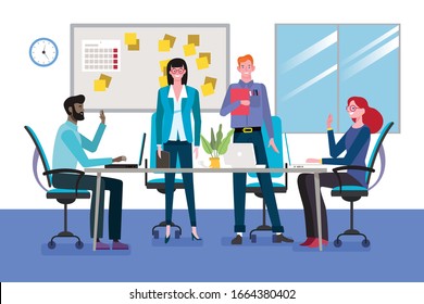 Group of young business men and women as a teamwork meeting around a table in conference room. Teamwork concept. Vector illustration.