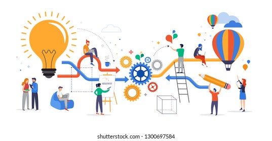Group of young business people collaborating, solving problems, thinking about creative idea, brainstorming and teamwork concept. Flat style vector illustration
