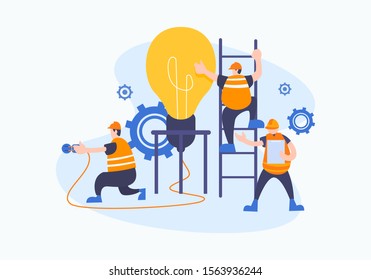 Group of young business people collaborating, solving problems, thinking about creative idea, brainstorming and teamwork concept. Engineer or worker flat style vector illustration.