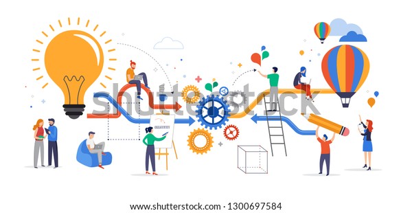 Group of young business people\
collaborating, solving problems, thinking about creative idea,\
brainstorming and teamwork concept. Flat style vector\
illustration