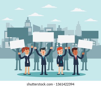 Group of young business people protesting in a city street. Business men and women holding protest posters 