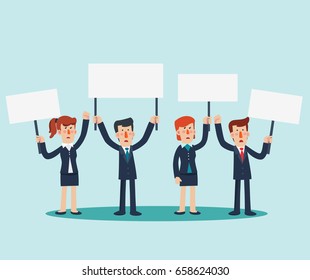 Group of young business people protesting. Business men and women holding white protest posters 