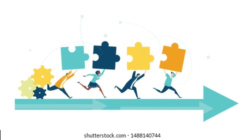 Group of young business people running and holding  puzzles up as symbol of collaborating, solving problems, thinking about creative idea, brainstorming and teamwork concept. 