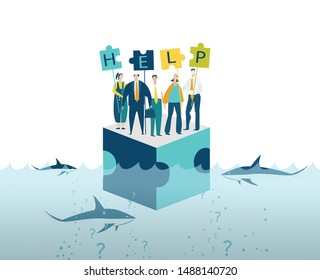 Group of young business people surviving at the platform in sea surrounded by sharks and asking for help. Working with puzzles as symbol of collaborating, solving problems, support 