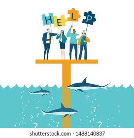Group of young business people surviving at the platform in sea surrounded by sharks and asking for help. Working with puzzles as symbol of collaborating, solving problems, support 