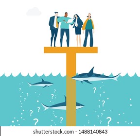 Group of young business people surviving at the platform in sea surrounded by sharks. Working together,  collaborating, solving problems, support concept