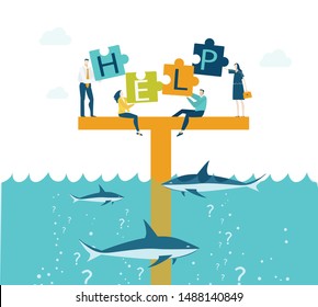 Group of young business people surviving at the platform in sea surrounded by sharks and asking for help. Working with puzzles as symbol of collaborating, solving problems, support 