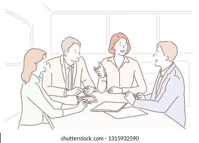 Group of young business people working and communicating while sitting at the office desk together with colleagues sitting in the background.hand drawn style vector design 