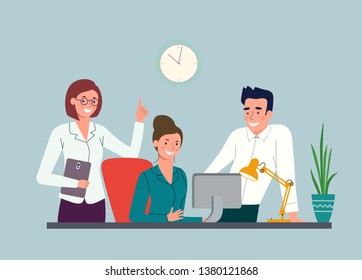 Group of young business people working and communicating while sitting at the office desk. Vector flat illustration