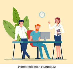 Group of young business people working and communicating while sitting at the office desk. Vector flat style illustration