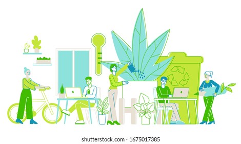 Group of Young Business People Working Together in Modern Office with Many Green Plants. Creative Characters with Laptops Using Eco Technologies for Work, Successful Team. Linear Vector Illustration