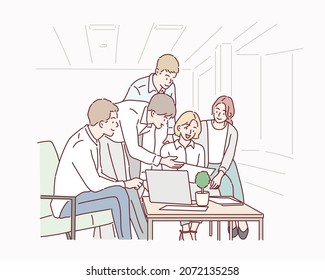 Group Of Young Business People Working And Using Laptop While Sitting At The Office Desk Together. Hand Drawn Style Vector Design Illustrations.