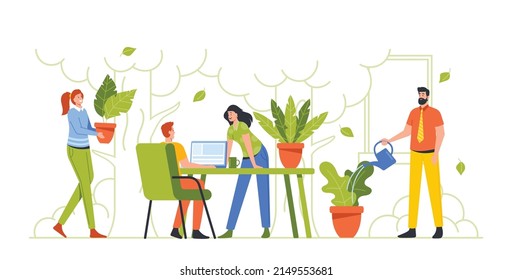 Group Of Young Business People Working Together In Modern Office With Many Green Plants. Creative People With Laptops Using Eco Technologies For Work. Successful Team Cartoon Vector Illustration